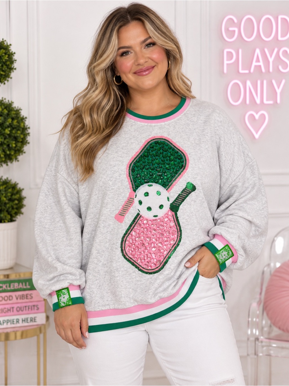 Queen of Sparkles Pickleball Sweatshirt XXL NWT Sequin Rhinestone Oversized Top